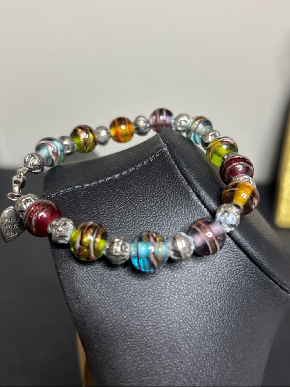Vintage Made with Love Dichroic Glass Colorful Beaded Bracelet - Picture 4 of 6